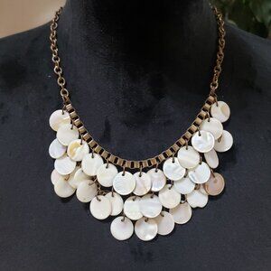 Womens Fashion Mother of Pearl Round Shell Gold Tone Bib Necklace Lobster Clasp
